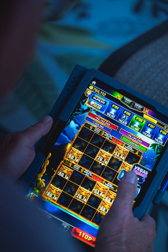 Person playing a mobile gaming app on a tablet, focused on fun and entertainment.